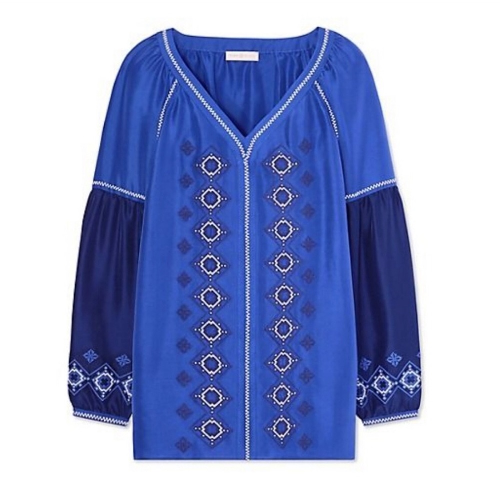 Tory Burch Blue Embroidered V-Neck Peasant Blouse